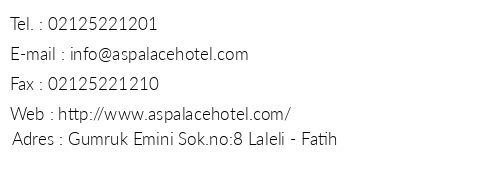 As Palace Hotel telefon numaralar, faks, e-mail, posta adresi ve iletiim bilgileri